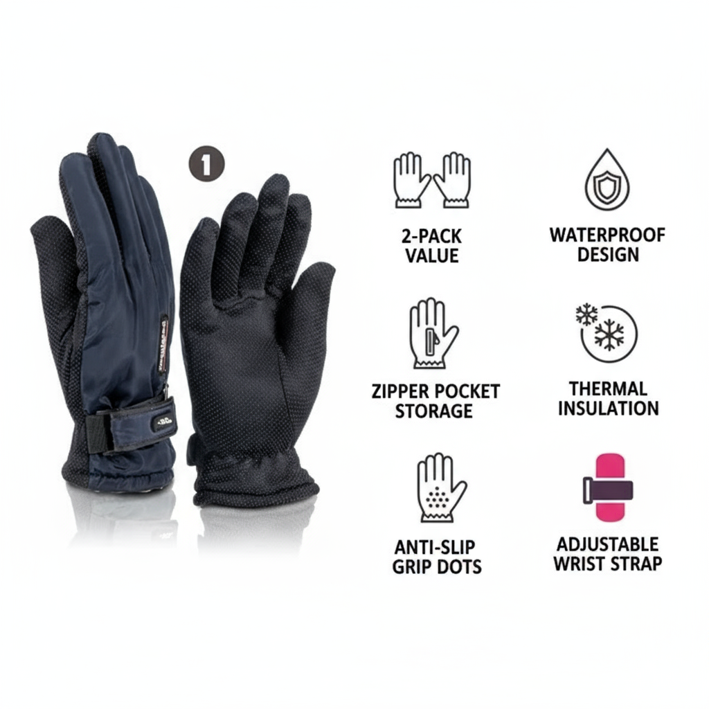Women’s Winter Ski Gloves 2-Pack – Anti-Slip with Zipper Pocket
