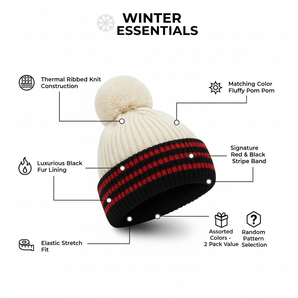 Women’s Winter Hat 2-Pack – Thermal Pom Pom with Fur Lining