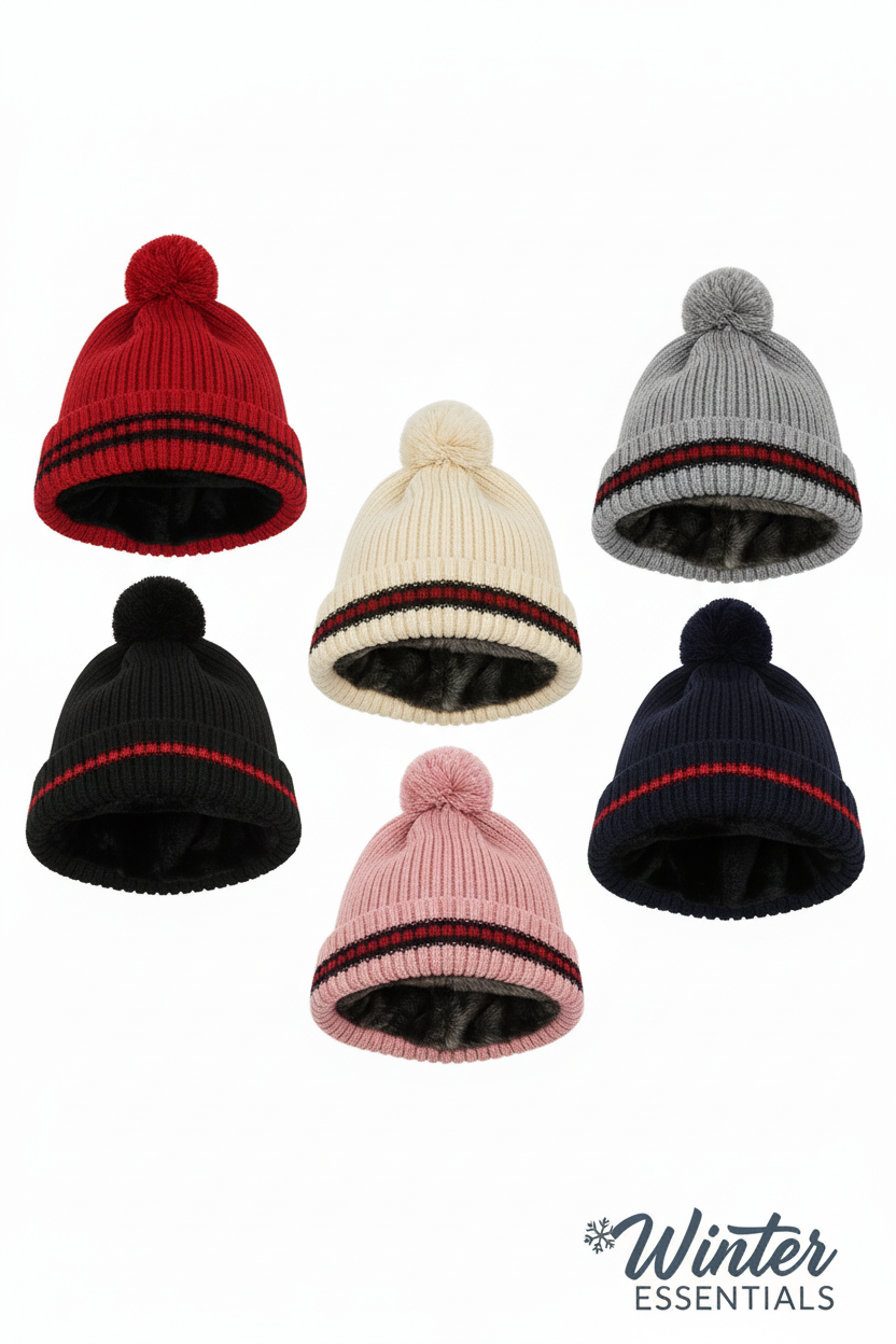 Women’s Winter Hat 2-Pack – Thermal Pom Pom with Fur Lining